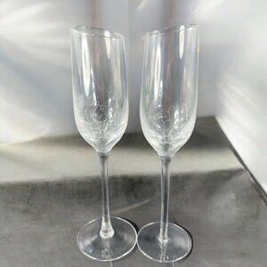 Pier 1 Clear Glass Crackle Angled Rim Goblet Drinking Glasses Cups Flutes Set  2